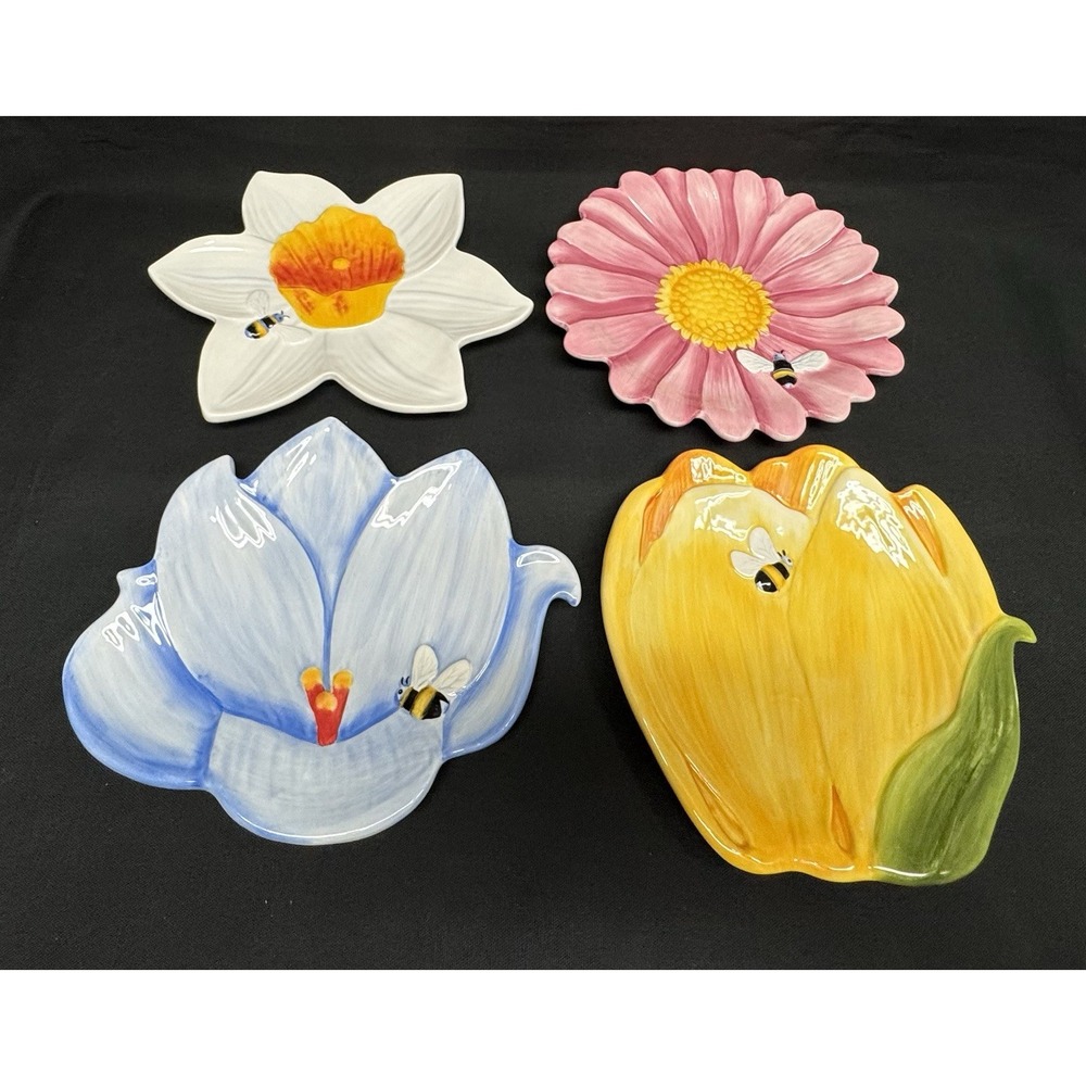 Harry & David Hand Painted Ceramic Flower Bumblebee Serving Plates Set Of 4